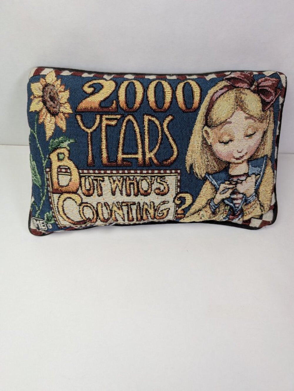 Vintage Mary Engelbreit Tapestry Pillow 2000 Years But Who's Counting Girl Y2K